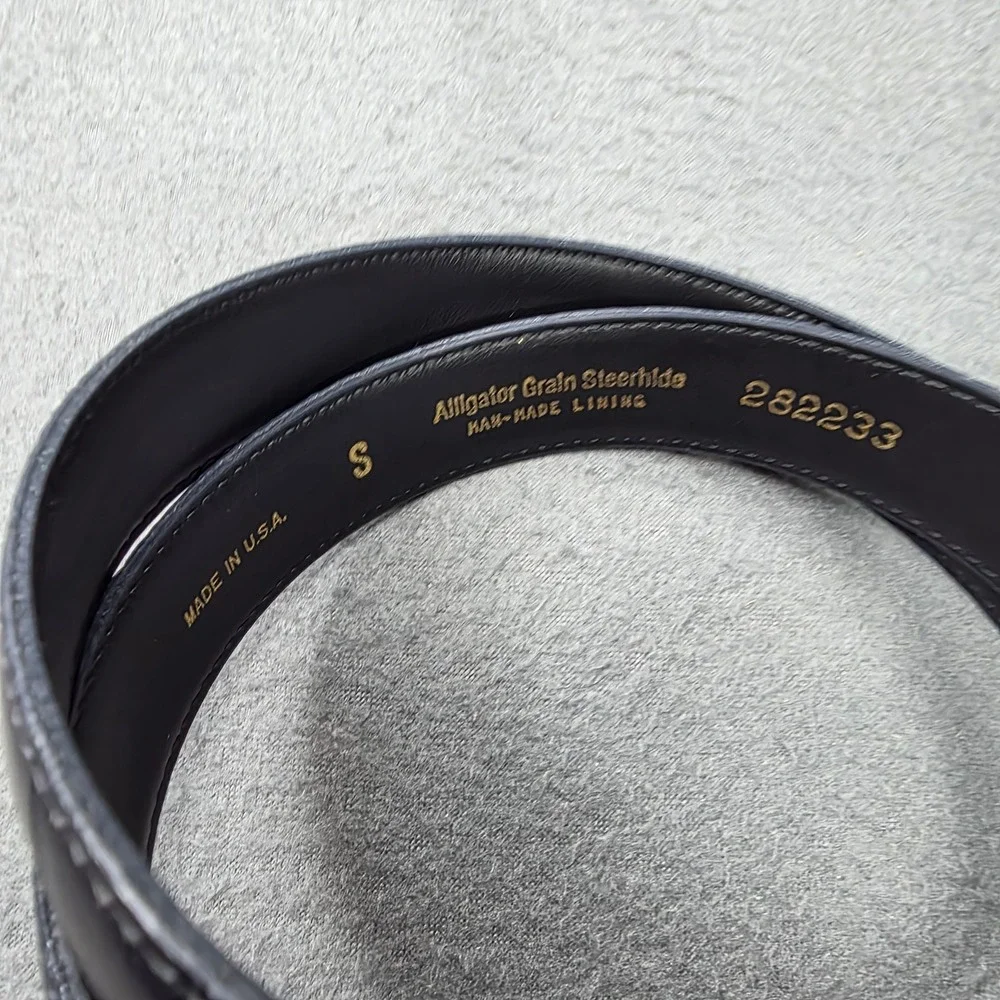 Vintage Black Alligator Grain Steerhide Leather Belt Gold Buckle USA Made 282233